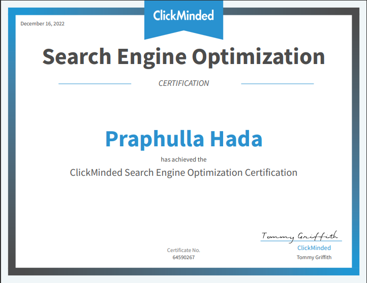Praphulla Hada SEO Certificate From ClickMinded